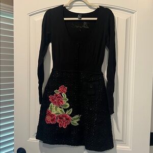 Black Cardigan Dress with Floral Embroidery
